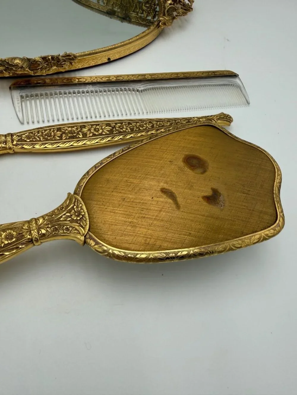 Vintage Gold Vanity Set With Hand Mirror Comb Brush Tray Jewelry Box & Small Fra